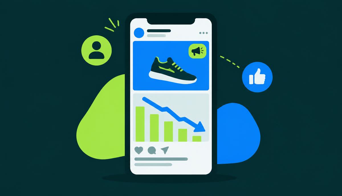 Illustration of a social media ad on a phone with a falling conversion chart