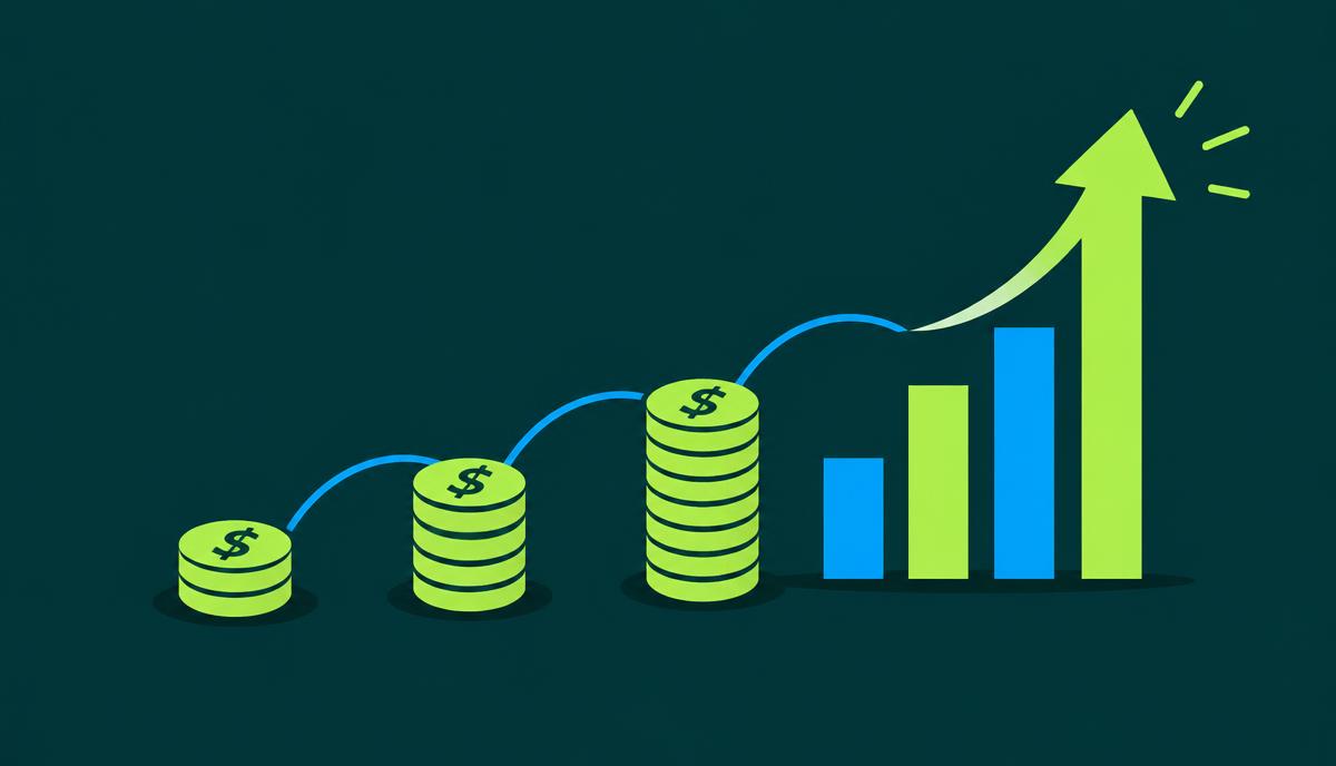 Illustration of stacked coins growing into a rising bar chart